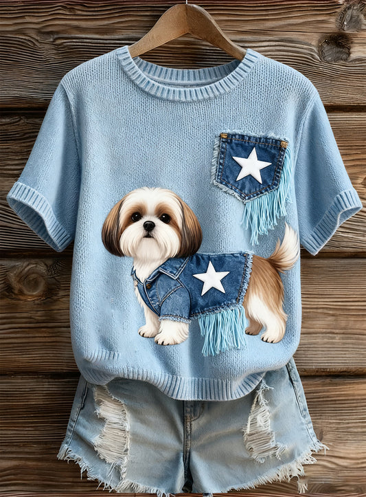 Damski artystyczny nadruk zwierzęcy wygodny top z dzianiny z krótkim rękawem