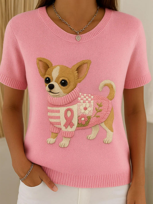 Damski artystyczny nadruk zwierzęcy wygodny top z dzianiny z krótkim rękawem