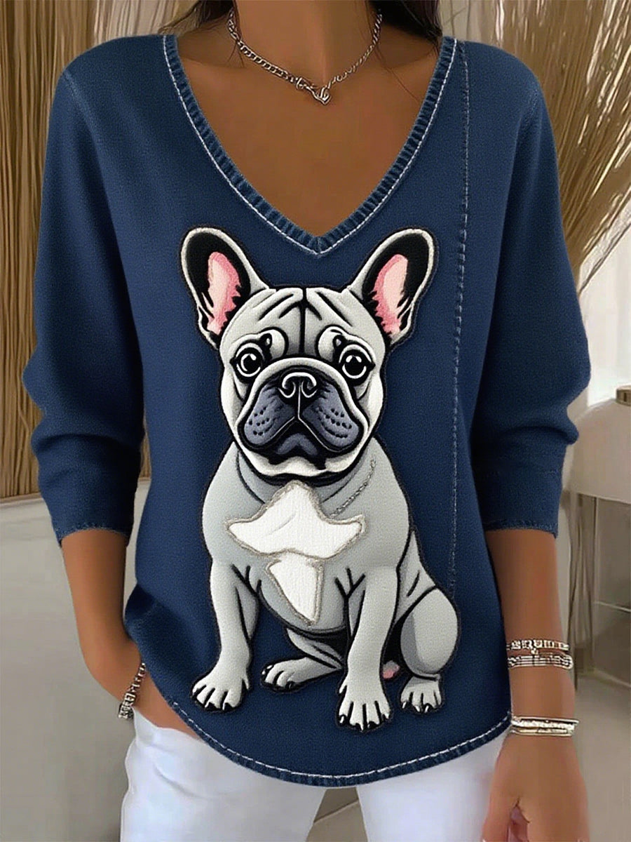 Damski retro zwierzęcy nadruk casualowy top z długim rękawem