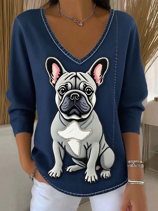 Damski retro zwierzęcy nadruk casualowy top z długim rękawem