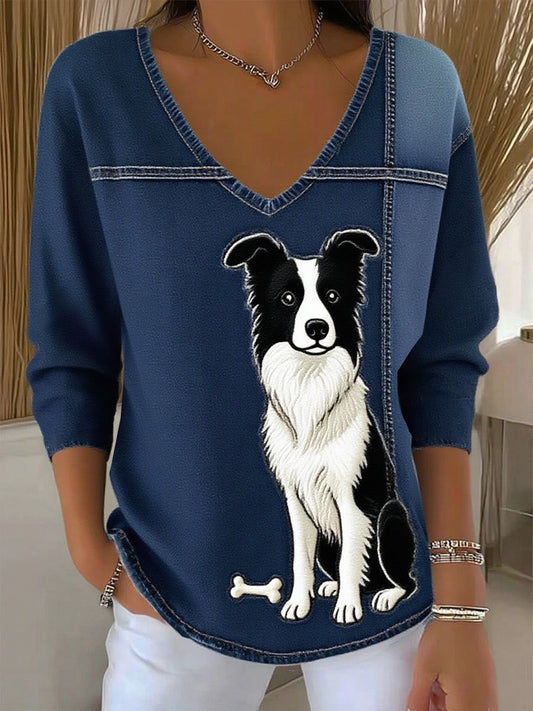 Damski retro zwierzęcy nadruk casualowy top z długim rękawem