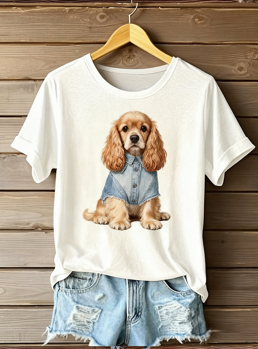 Damski artystyczny top z nadrukiem zwierzęcym Comfort z krótkim rękawem