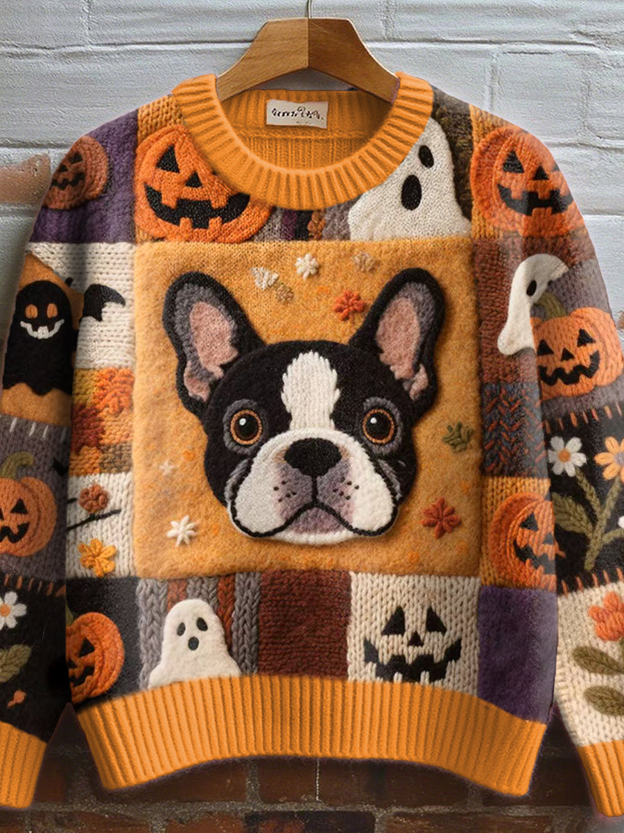 Damski francuski buldog filcowy artystyczny przytulny sweter z dzianiny