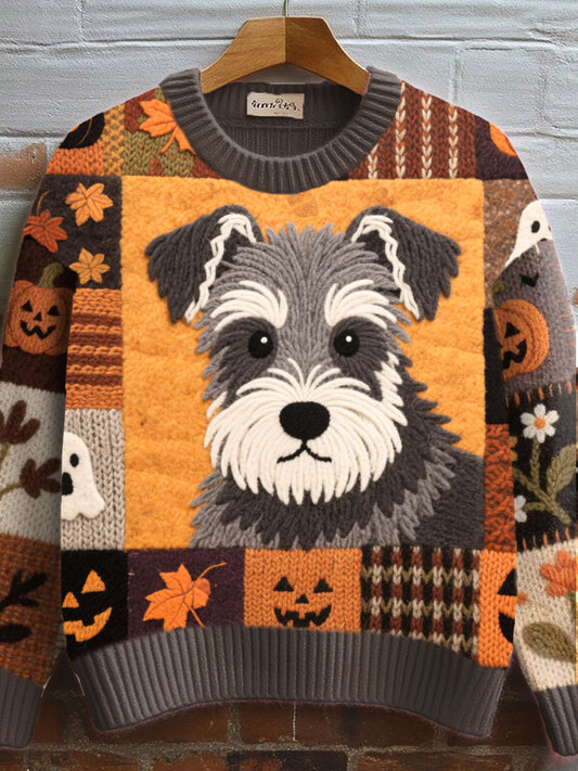 Damski inspirowany jesienią Sznaucer Czuł artystyczny przytulny sweter z dzianiny