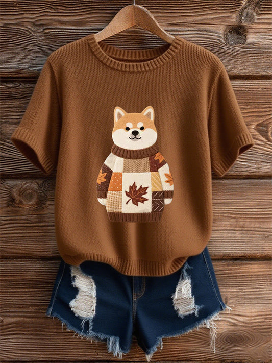 Damska koszulka z krótkim rękawem w stylu jesiennego psa z nadrukiem pod szyją