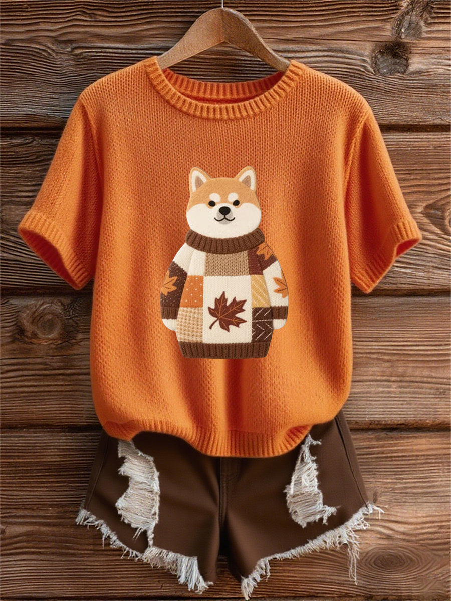 Damska koszulka z krótkim rękawem w stylu jesiennego psa z nadrukiem pod szyją