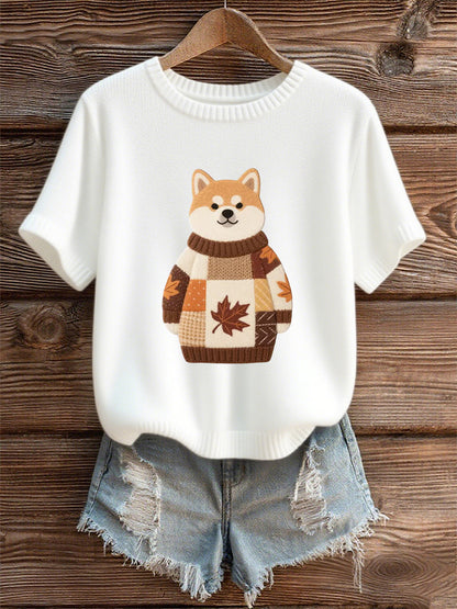 Damska koszulka z krótkim rękawem w stylu jesiennego psa z nadrukiem pod szyją