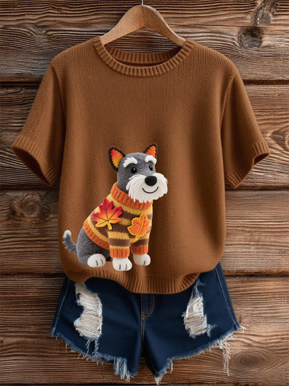 Damska koszulka z krótkim rękawem w stylu jesiennego psa z nadrukiem pod szyją