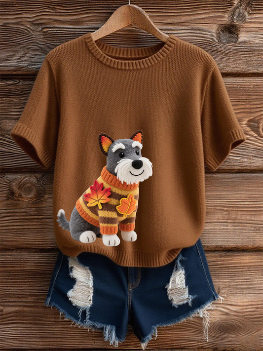 Damska koszulka z krótkim rękawem w stylu jesiennego psa z nadrukiem pod szyją