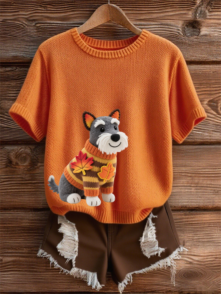 Damska koszulka z krótkim rękawem w stylu jesiennego psa z nadrukiem pod szyją