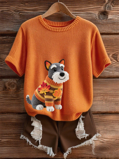 Damska koszulka z krótkim rękawem w stylu jesiennego psa z nadrukiem pod szyją