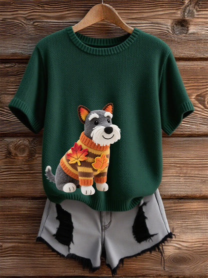 Damska koszulka z krótkim rękawem w stylu jesiennego psa z nadrukiem pod szyją