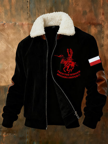 Męska kurtka w stylu retro z polskim nadrukiem artystycznym na co dzień z futrzany kołnierzykiem