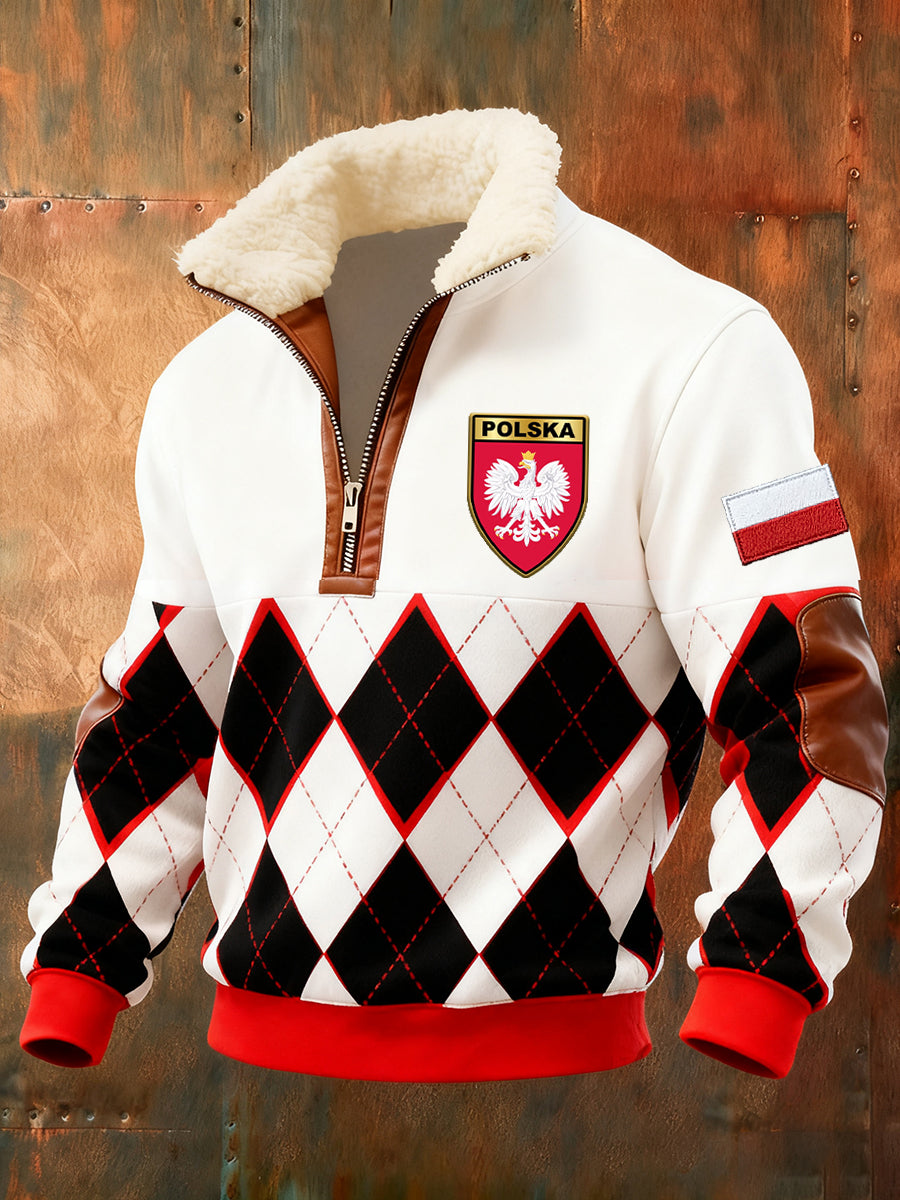 Męska polska sztuka retro casualowa gruba futrzana bluza z kołnierzem