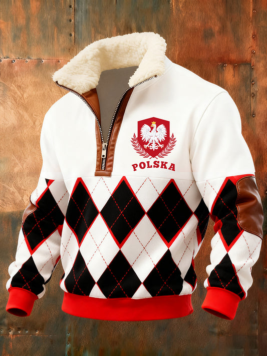 Męska polska sztuka retro casualowa gruba futrzana bluza z kołnierzem