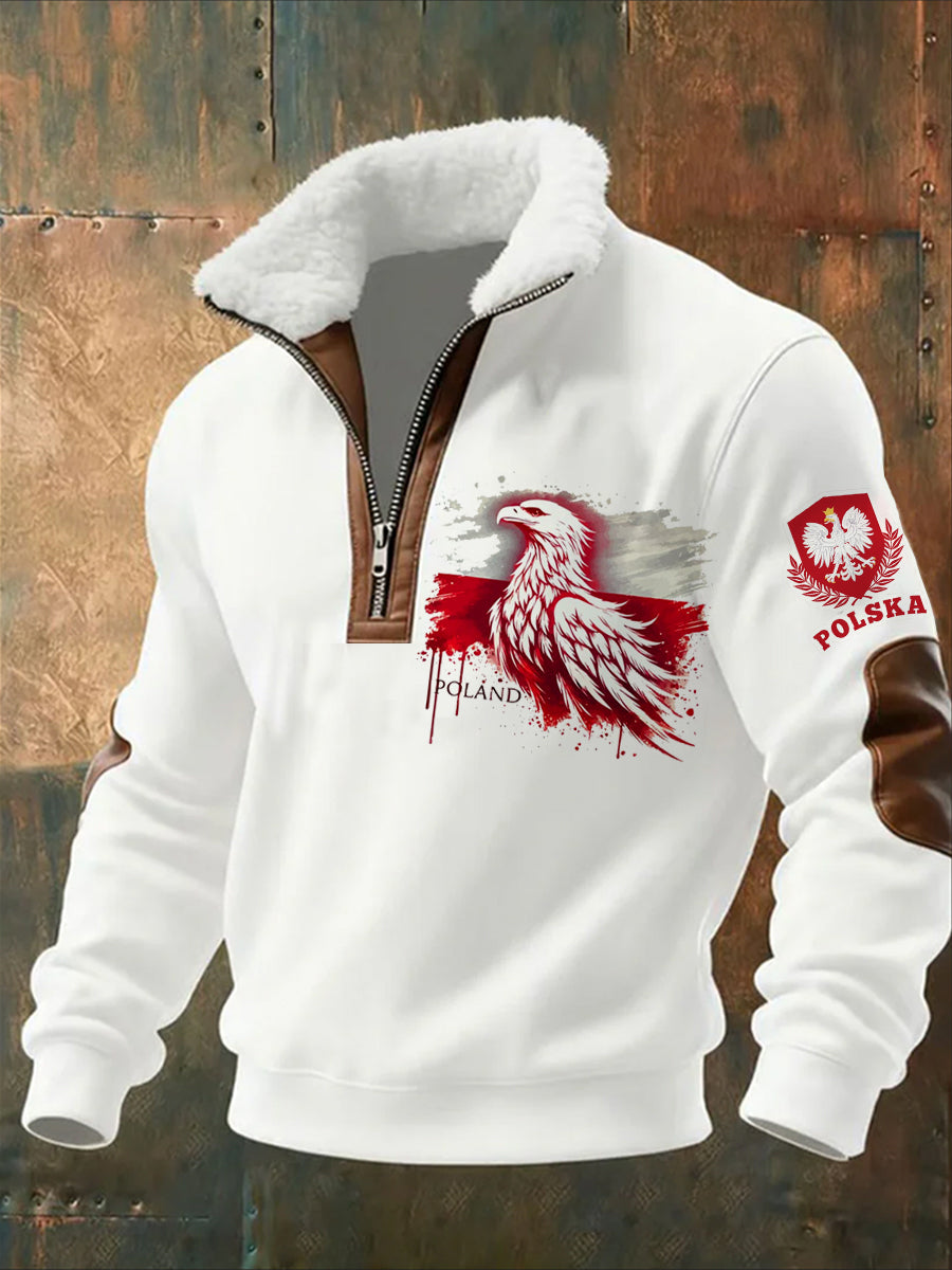 Męska polska sztuka retro casualowa gruba futrzana bluza z kołnierzem