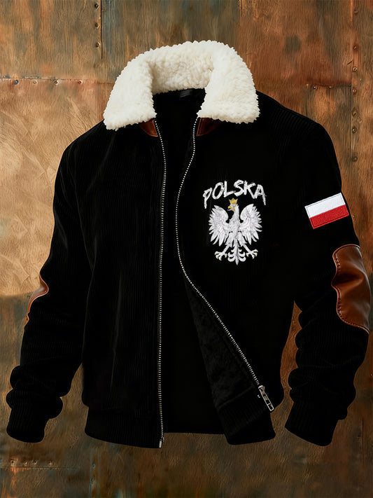 Męska kurtka w stylu retro z polskim nadrukiem artystycznym na co dzień z futrzany kołnierzykiem