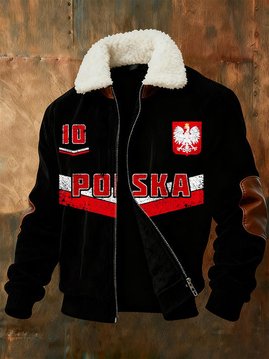 Męska kurtka w stylu retro z polskim nadrukiem artystycznym na co dzień z futrzany kołnierzykiem