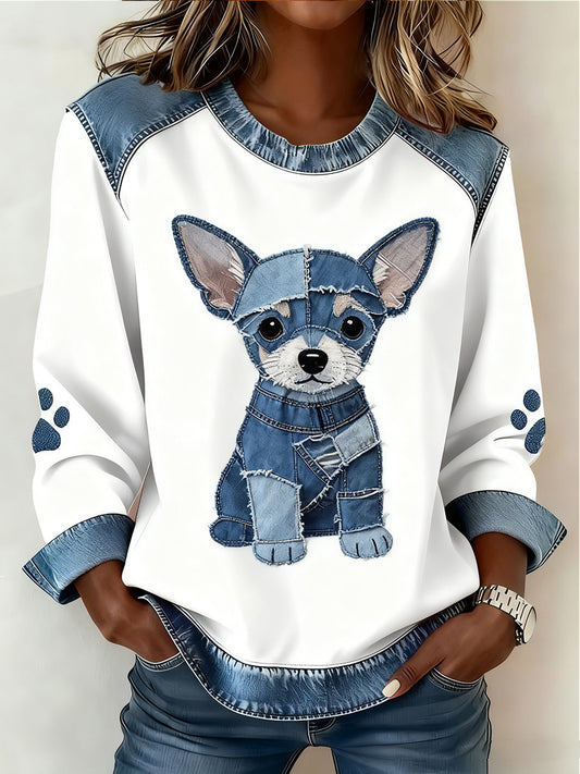 Damska wygodna bluza z patchworkiem w stylu retro z nadrukiem w stylu zwierzęcym