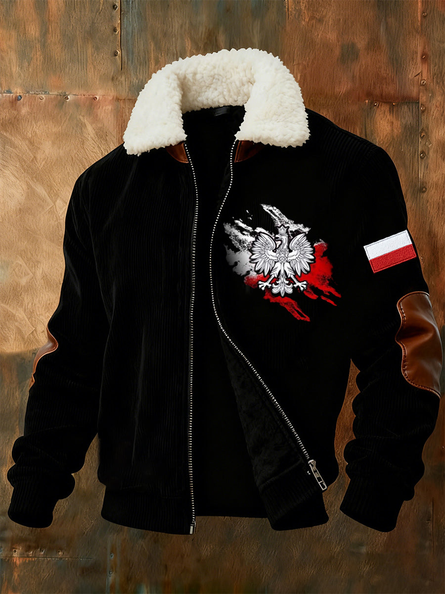 Męska kurtka w stylu retro z polskim nadrukiem artystycznym na co dzień z futrzany kołnierzykiem