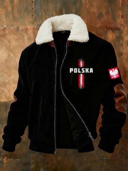 Męska kurtka w stylu retro z polskim nadrukiem artystycznym na co dzień z futrzany kołnierzykiem