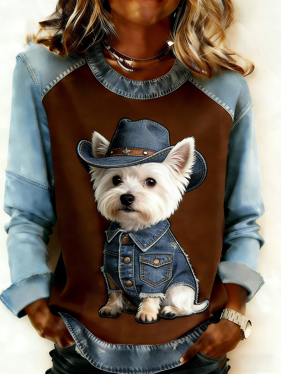 Damska wygodna bluza z patchworkiem w stylu retro z nadrukiem w stylu zwierzęcym