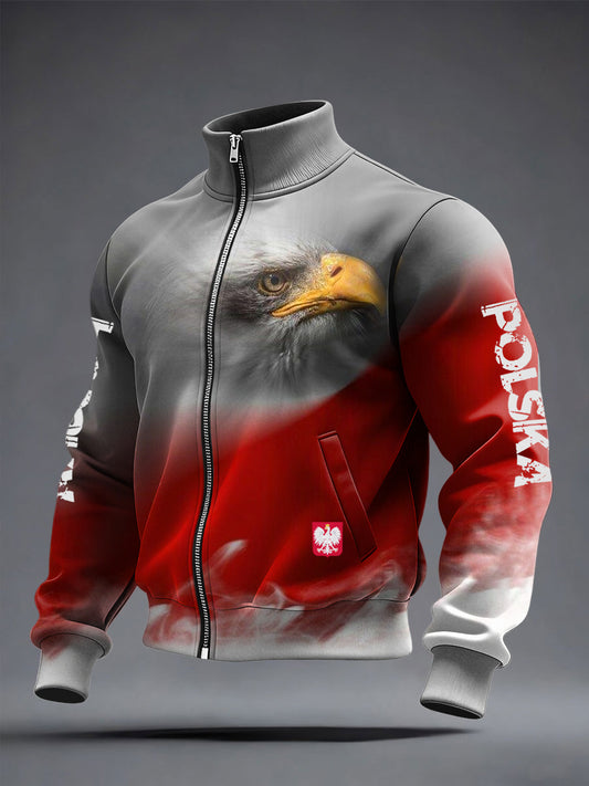 Retro Polski Orzeł Patriot Stand-Up Kołnierz Kurtka Zipper
