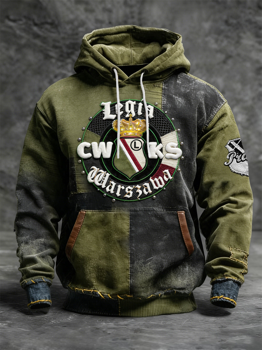 Retro Polska Warszawa Piłka nożna Godło Patchwork Bluza z kapturem