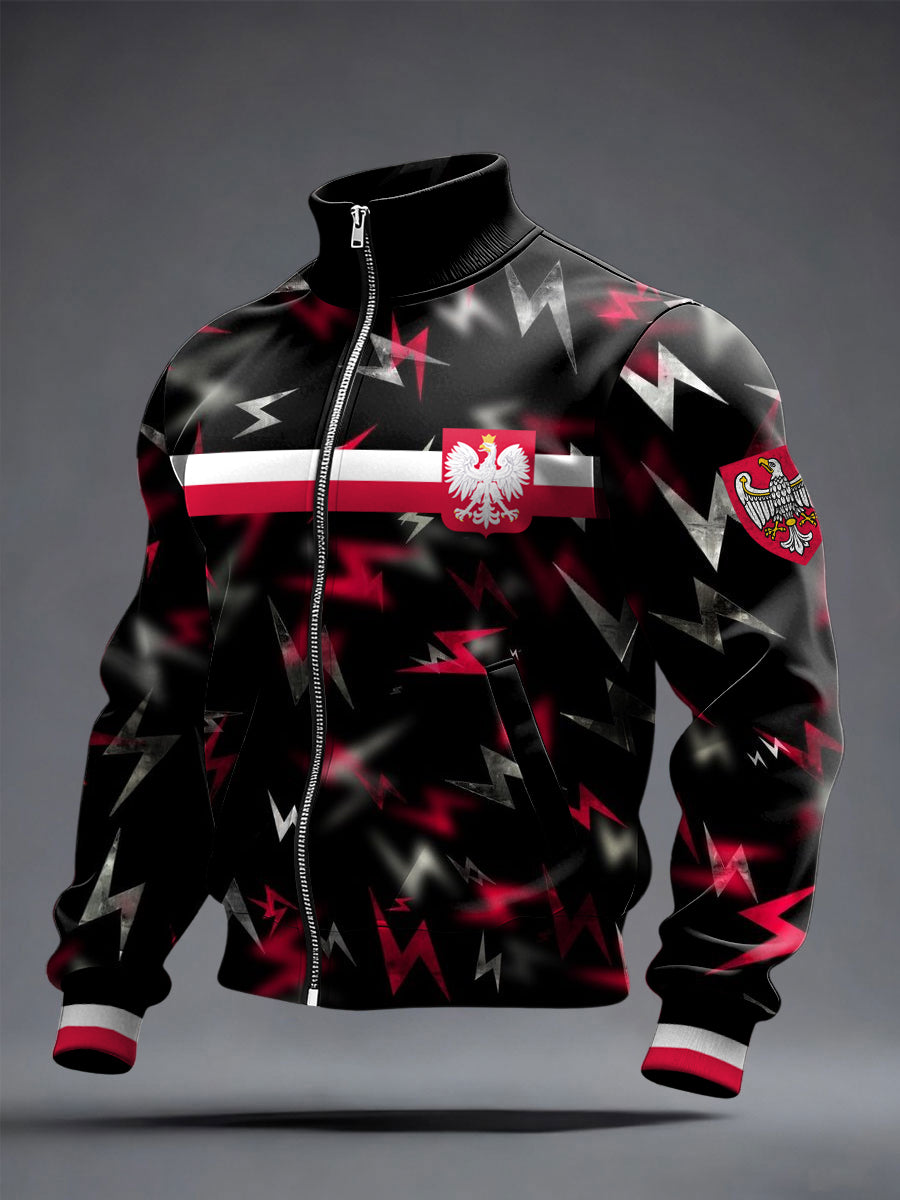 Retro sztuka abstrakcyjna Polska flaga Stojący kołnierz Kurtka na zamek błyskawiczny