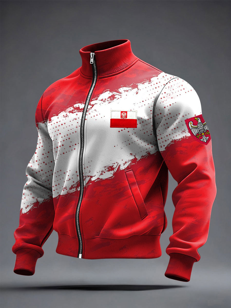 Retro sztuka abstrakcyjna polska patriota stand-up kołnierz kurtka z zamkiem błyskawicznym