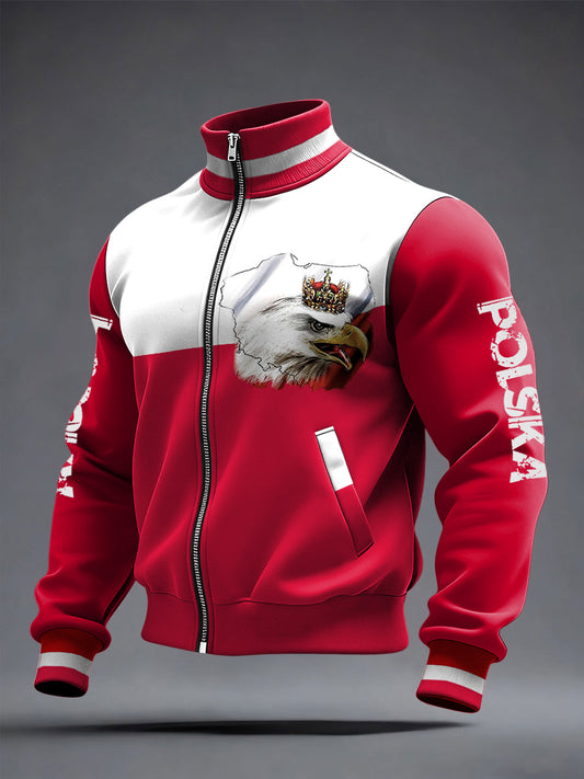 Retro Polska Flaga Mapa Stojący kołnierz Kurtka Zipper