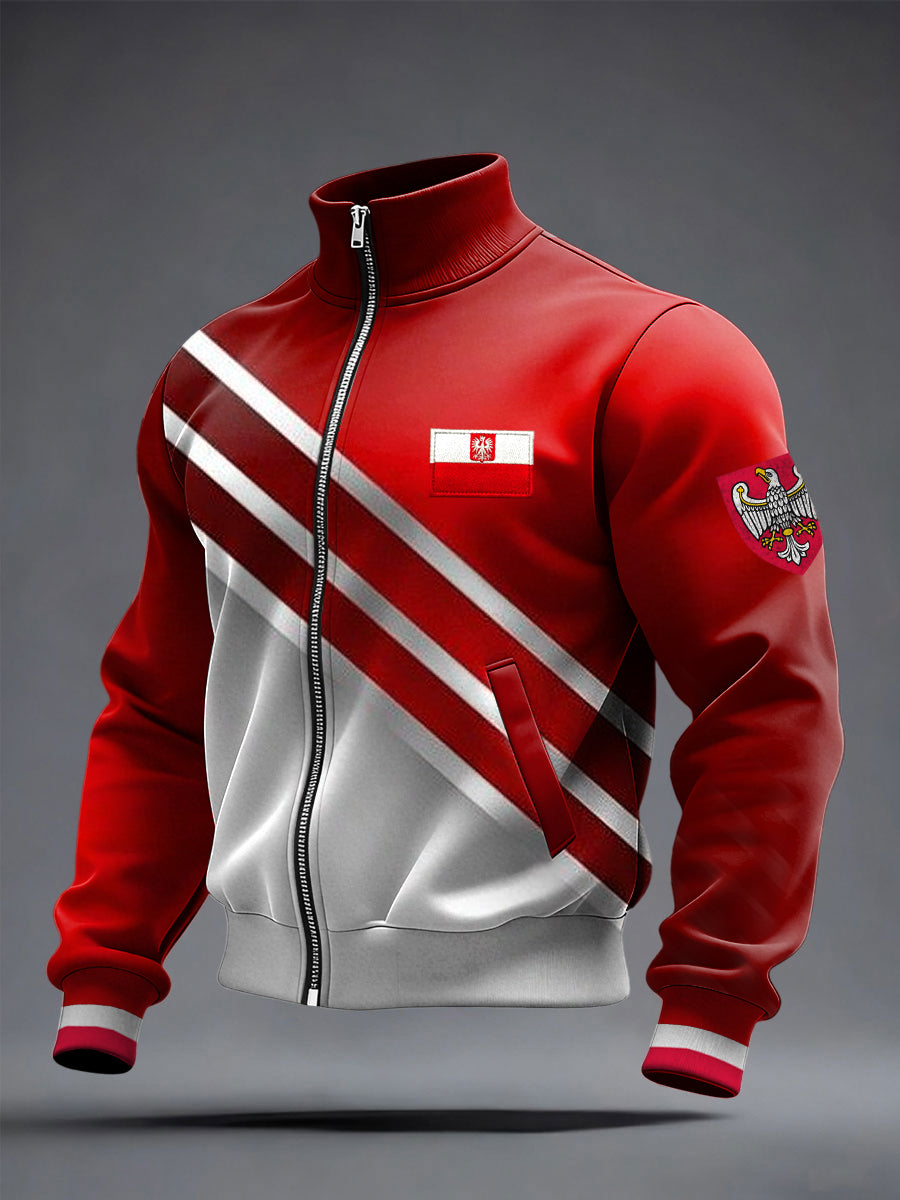 Sztuka retro w paski Polska flaga Stand Collar Kurtka na zamek błyskawiczny