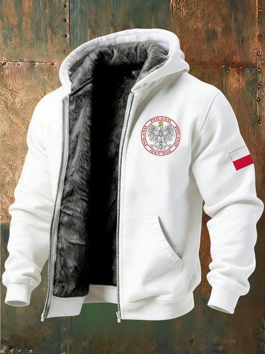 Męska kurtka polarowa z kapturem z nadrukiem polskim