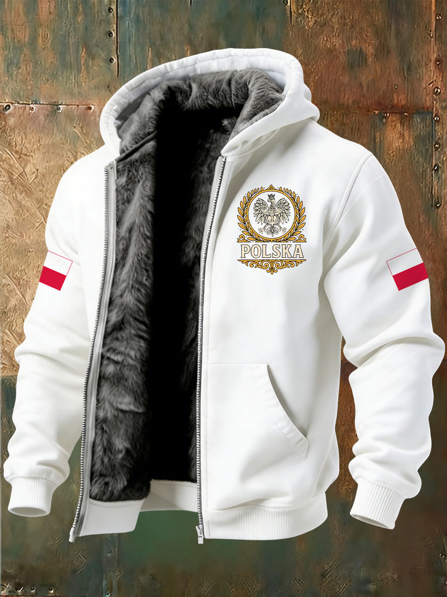 Męska kurtka polarowa z kapturem z nadrukiem polskim