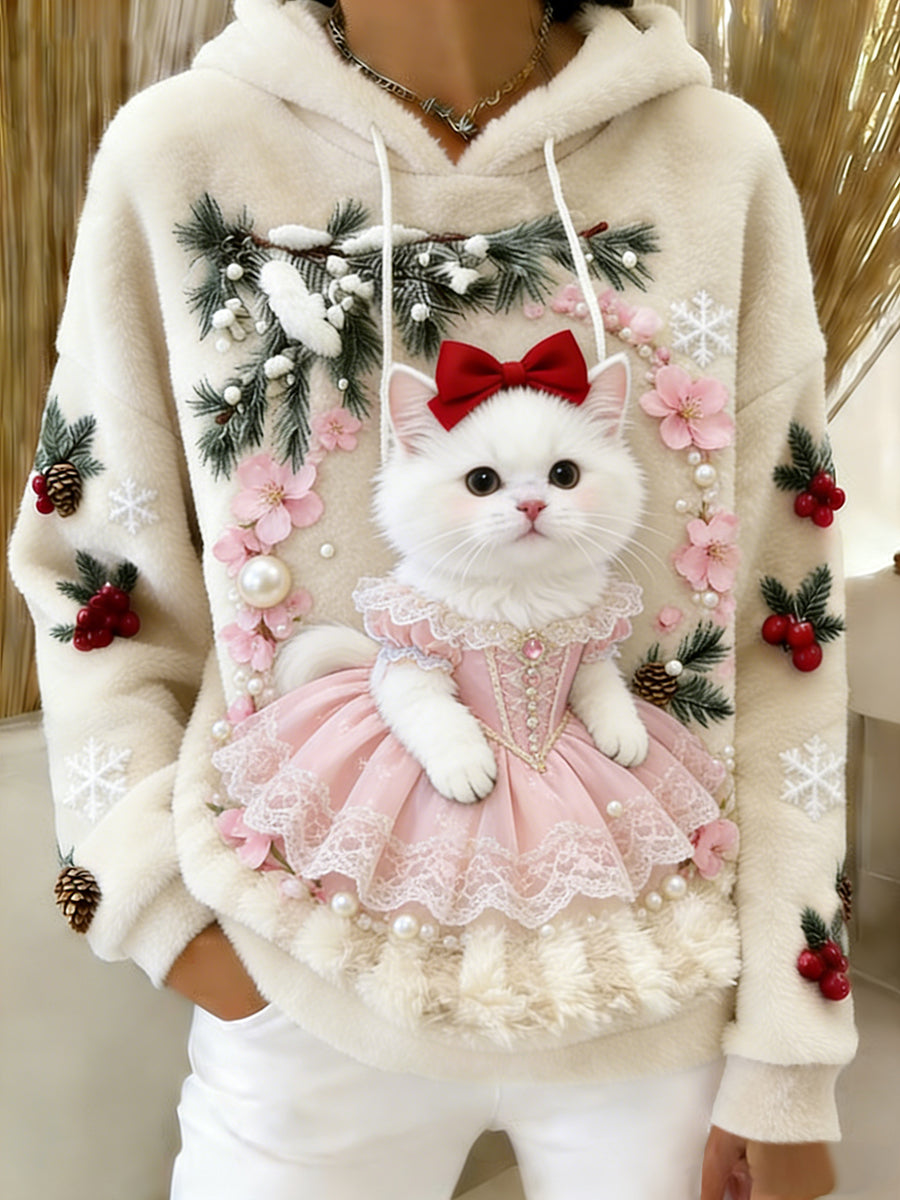 Damska wygodna flanelowa bluza z kapturem Retro Animal Art Print