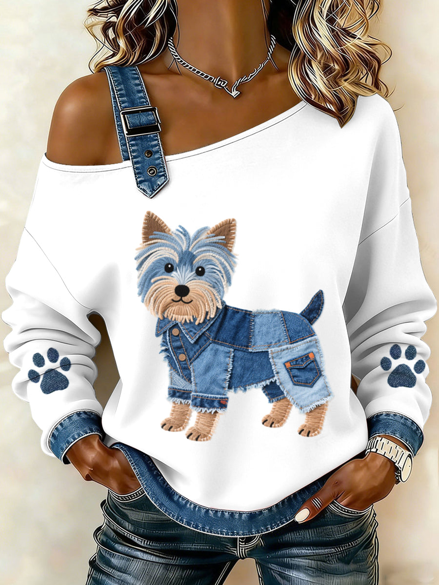 Damski piękny wzór Yorkshire Terrier Denim Patchwork Top