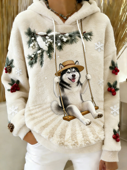 Damska wygodna flanelowa bluza z kapturem Retro Animal Art Print