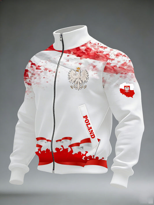 Męska kurtka z długim rękawem w kołnierzu z nadrukiem z polską flagą