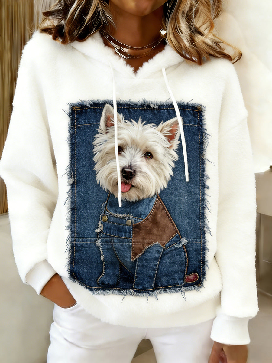 Damska wygodna flanelowa bluza z kapturem Retro Animal Art Print