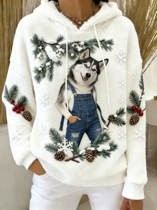 Damska wygodna flanelowa bluza z kapturem Retro Animal Art Print