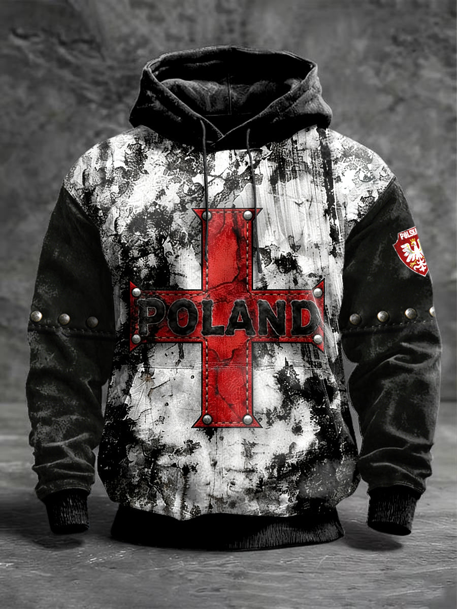 Męska polska bluza z kapturem Patchwork Vintage Cross Print