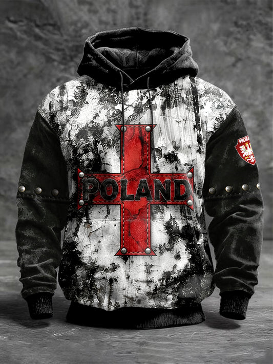 Męska polska bluza z kapturem Patchwork Vintage Cross Print