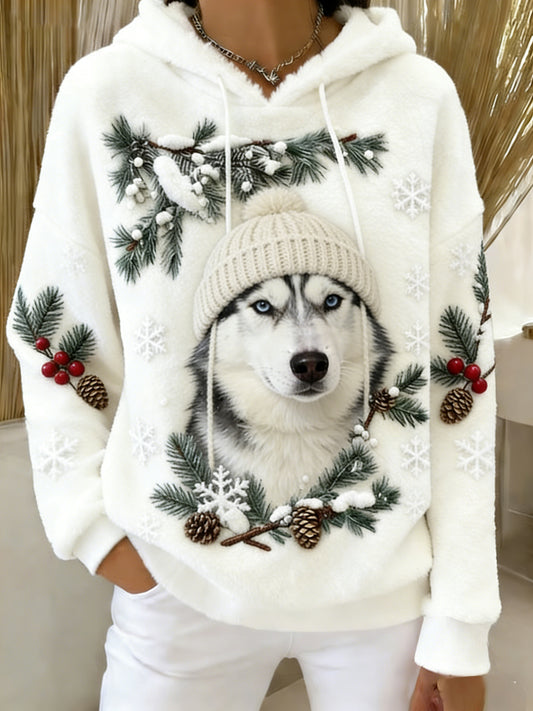 Damska wygodna flanelowa bluza z kapturem Retro Animal Art Print