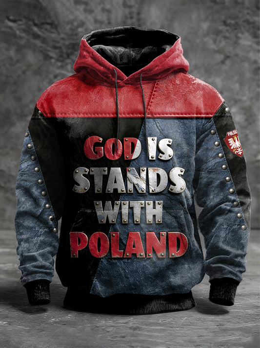 Męski polski patchwork z nadrukiem z kapturem w stylu vintage