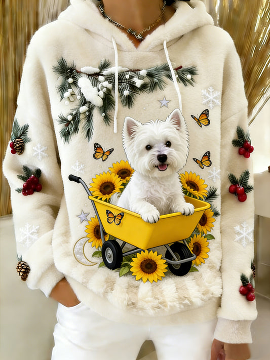 Damska wygodna flanelowa bluza z kapturem Retro Animal Art Print