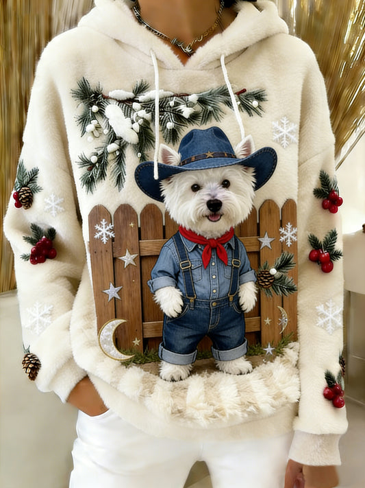 Damska wygodna flanelowa bluza z kapturem Retro Animal Art Print