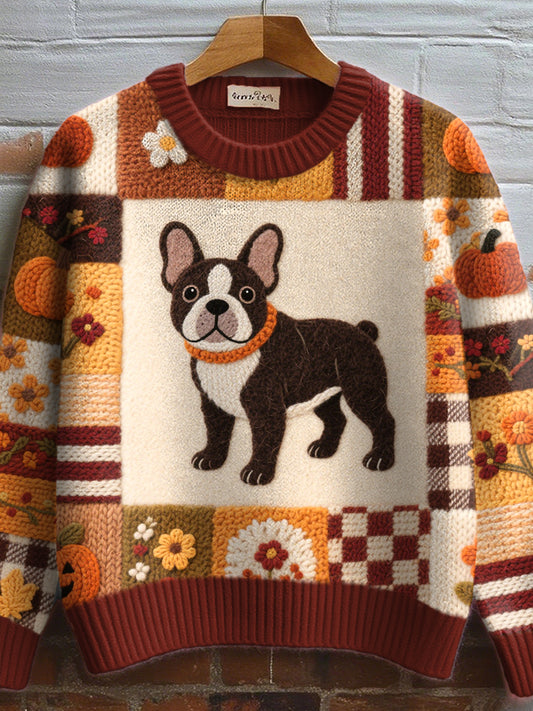 Damski inspirowany Halloween wzór buldoga francuskiego w stylu filcowy, przytulny sweter z dzianiny