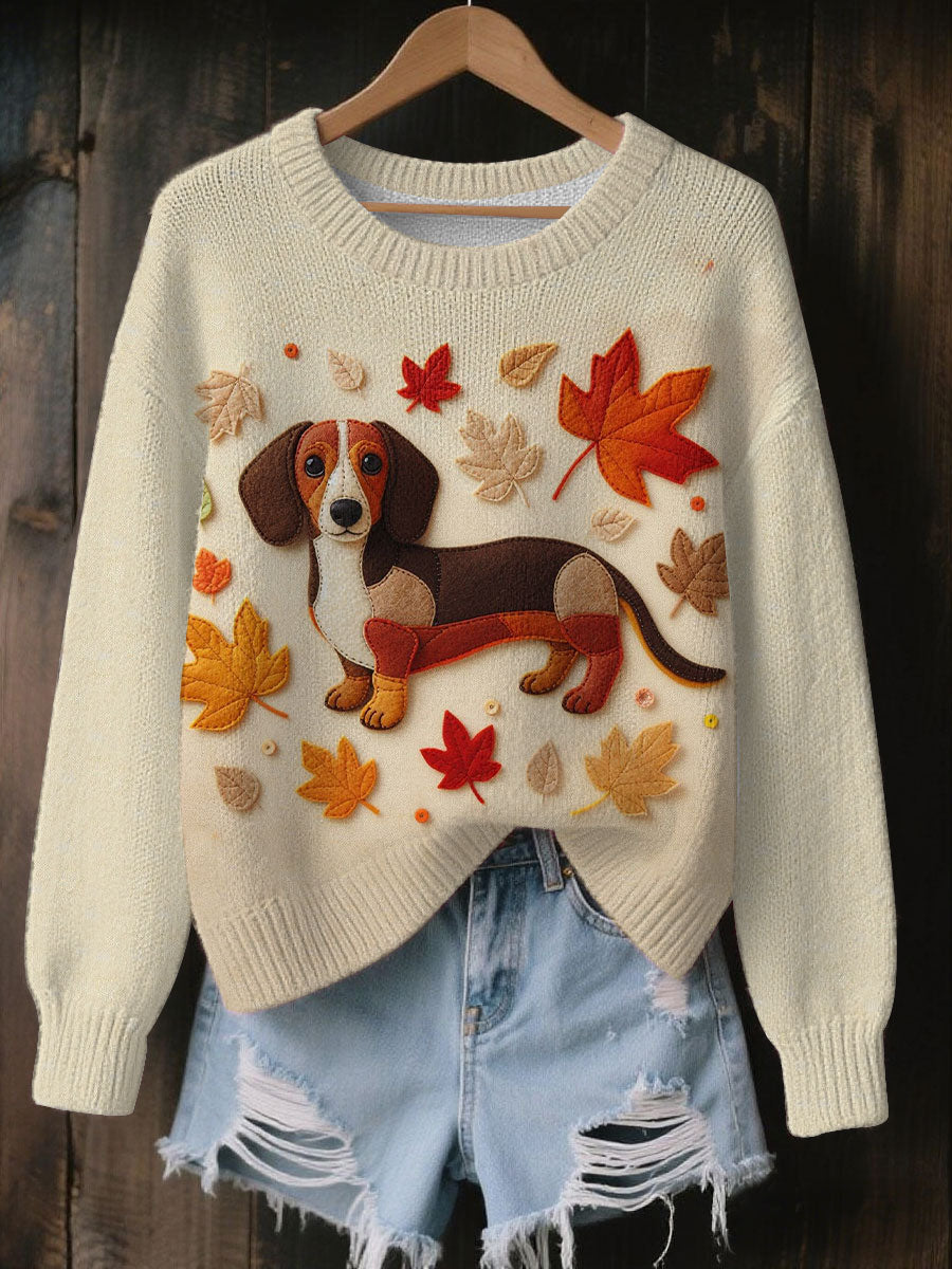 Damski vintage jesień upadły patchwork pies drukowany na co dzień sweter z dzianiny