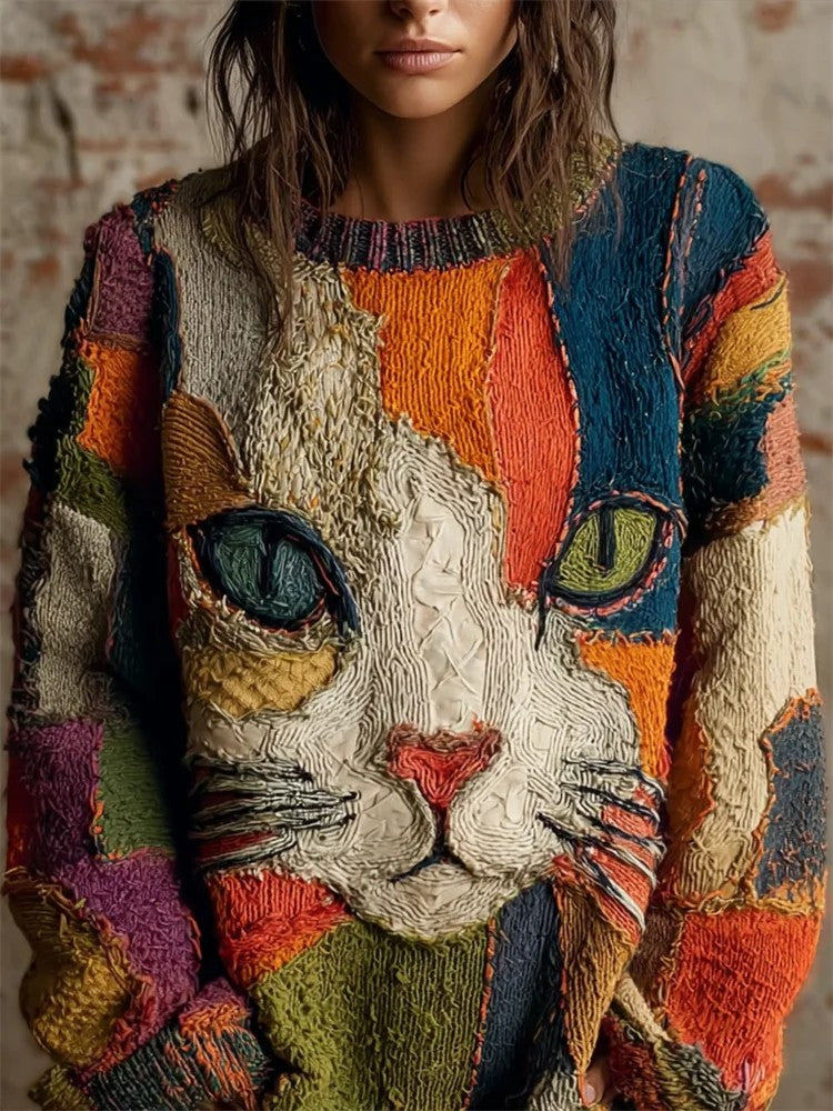 Damski sweter z dzianiny w stylu vintage Cat Art Print