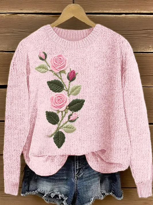 Damski różowy sweter z nadrukiem kwiatowym